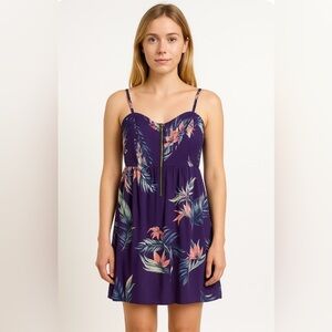 Roxy Tropical Floral Dress Purple XL – Smocked Back, Pleated Front, Zip Detail